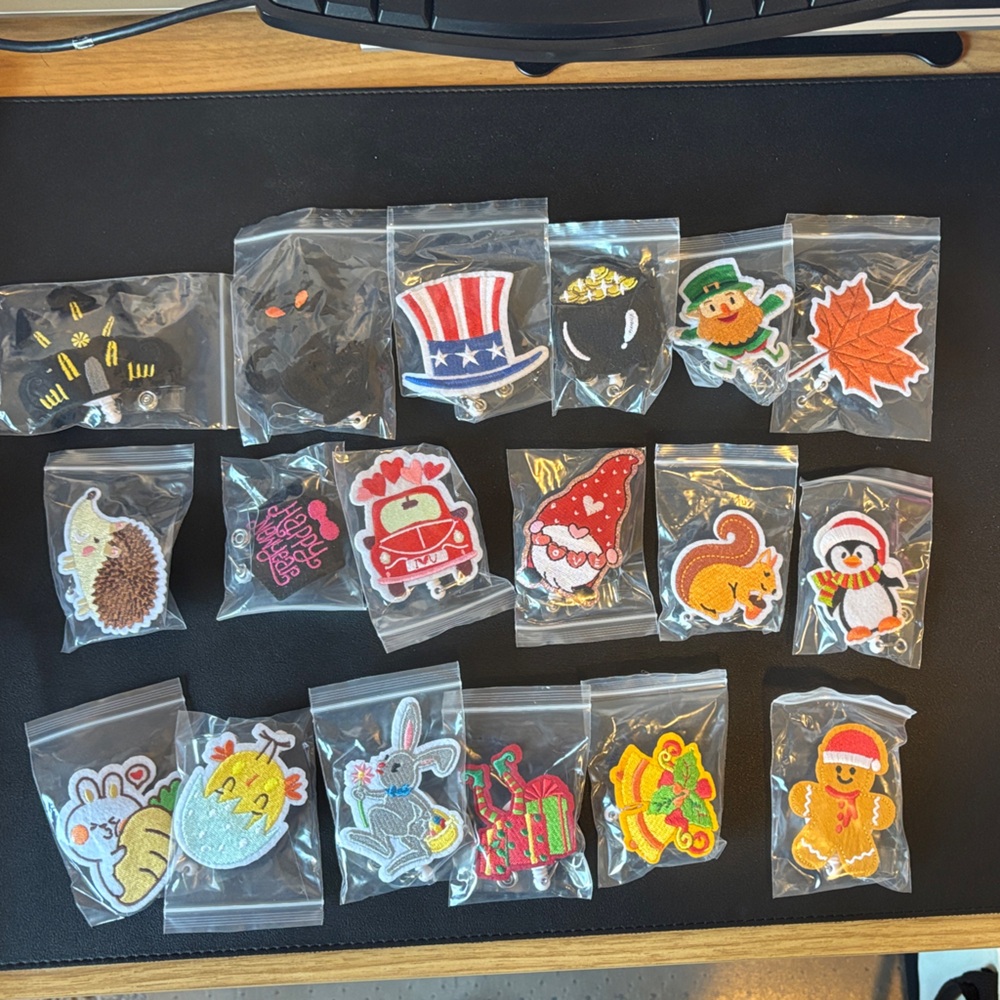 Assorted Expandable Embroidered Felt Holiday Lanyard Clips.